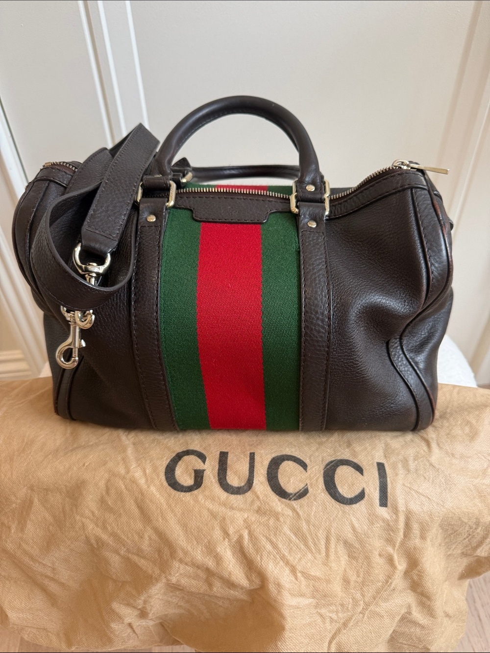 Gucci Vintage Web Medium Boston Bag, Dark Brown Leather, Style 247205